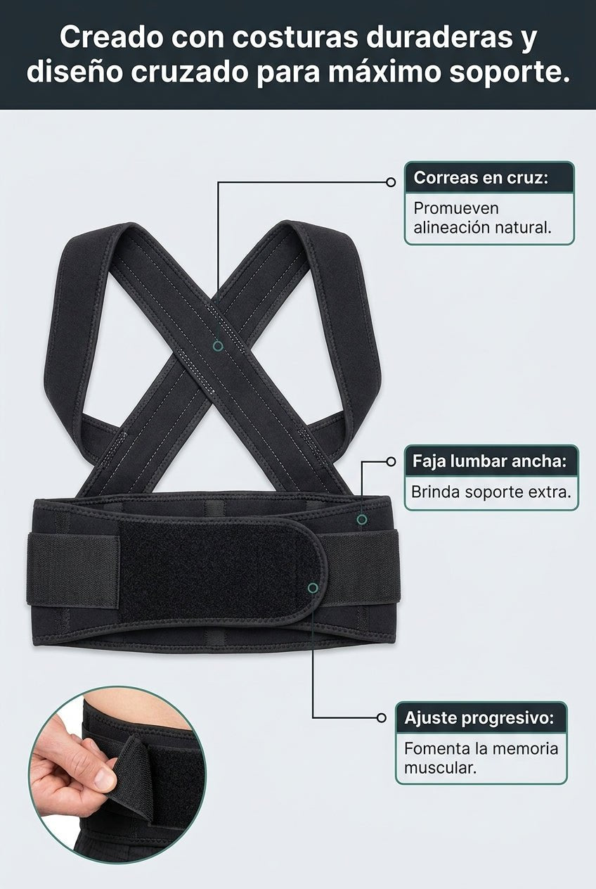 Correas en cruz, faja lumbar ancha y ajuste progresivo